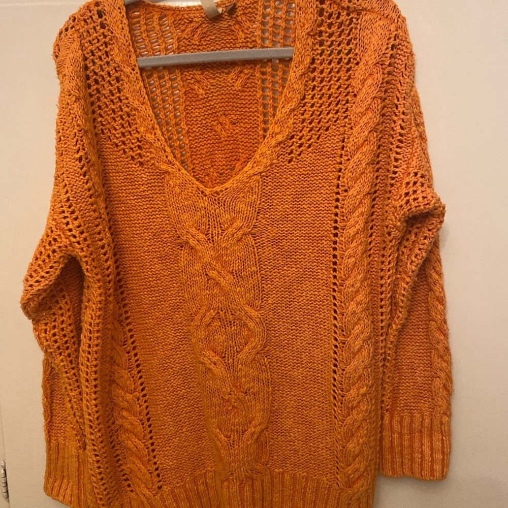 Pilcro Orange V-Neck Cable Knit Sweater